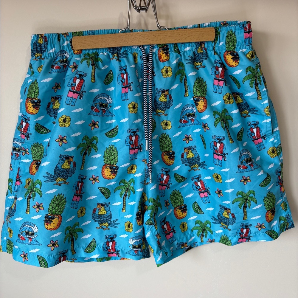 Boardies Apparel Men’s Tropical Blue Swim Trunks Pineapple Palm Tree
